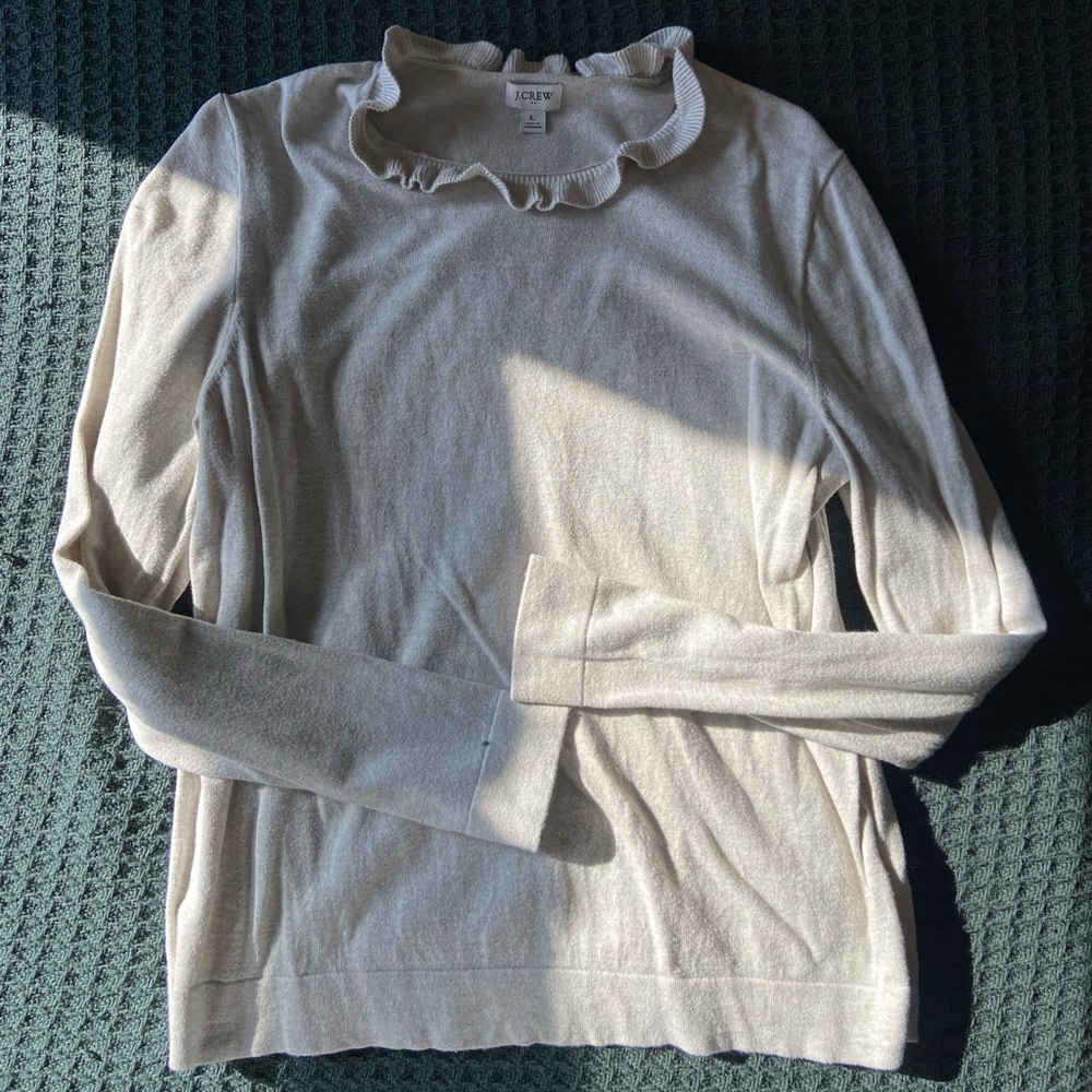 J. Crew Light Beige Ruffle Neck Long Sleeve Top